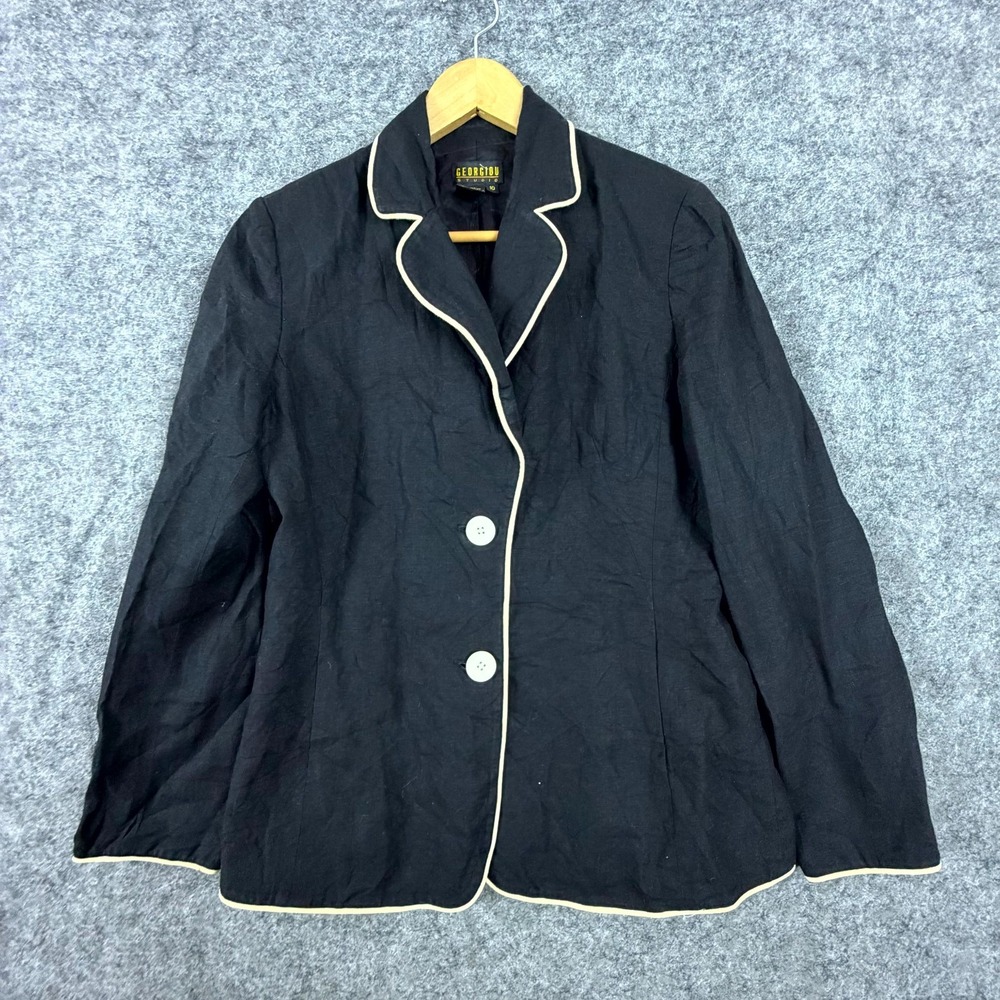 Vintage Georgiou Studio Linen Blazer Jacket Womens 10 Black Notch Lapel White